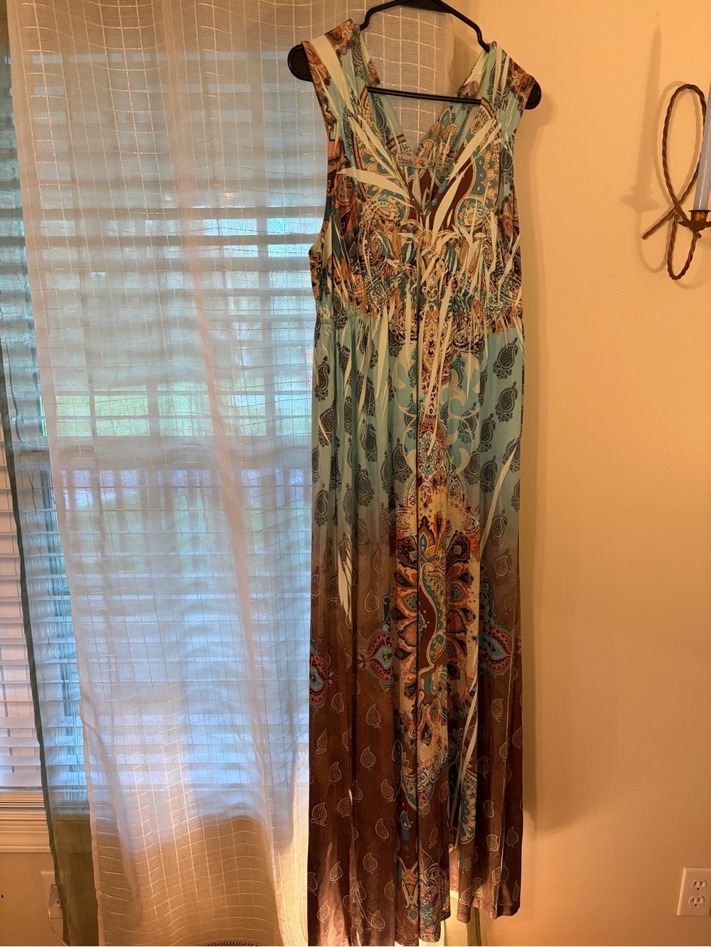 Bohemian Print Maxi Dress in Teal and Brown